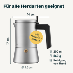 Maße des Espressokochers 4 Tassen: 14 cm breit, 17 cm hoch, Boden Ø 9,5 cm, 200 ml, 560 g