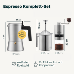 Espressokocher 4 Tassen mit Mühle & Milchaufschäumer