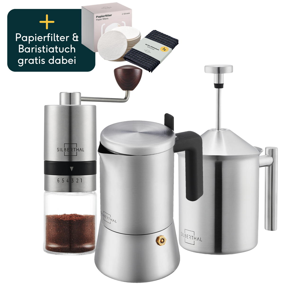 Espressokocher 4 Tassen mit Mühle & Milchaufschäumer