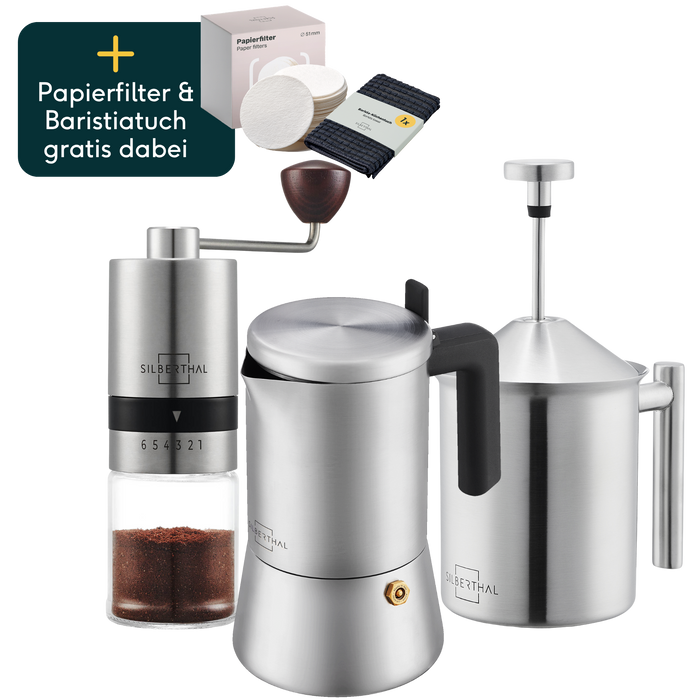 Espressokocher 4 Tassen mit Mühle & Milchaufschäumer