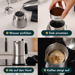 Anleitung in vier Schritten: Wasser einfüllen, Sieb einsetzen, auf den Herd stellen, Kaffee steigt auf
