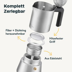 Zerlegter Espressokocher mit Oberteil, Filter, Dichtring und Wasserbehälter aus Edelstahl