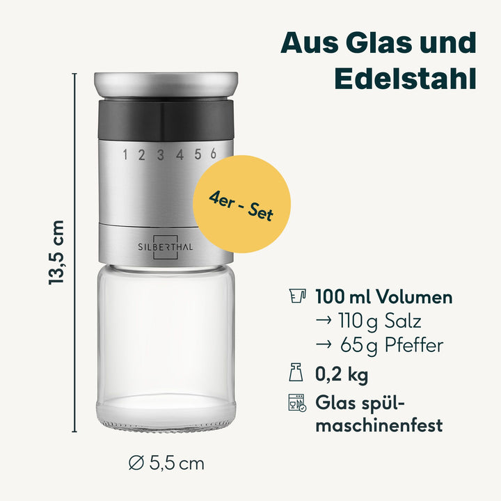 Salz und Pfeffermühle mit Einstellring 4er Set