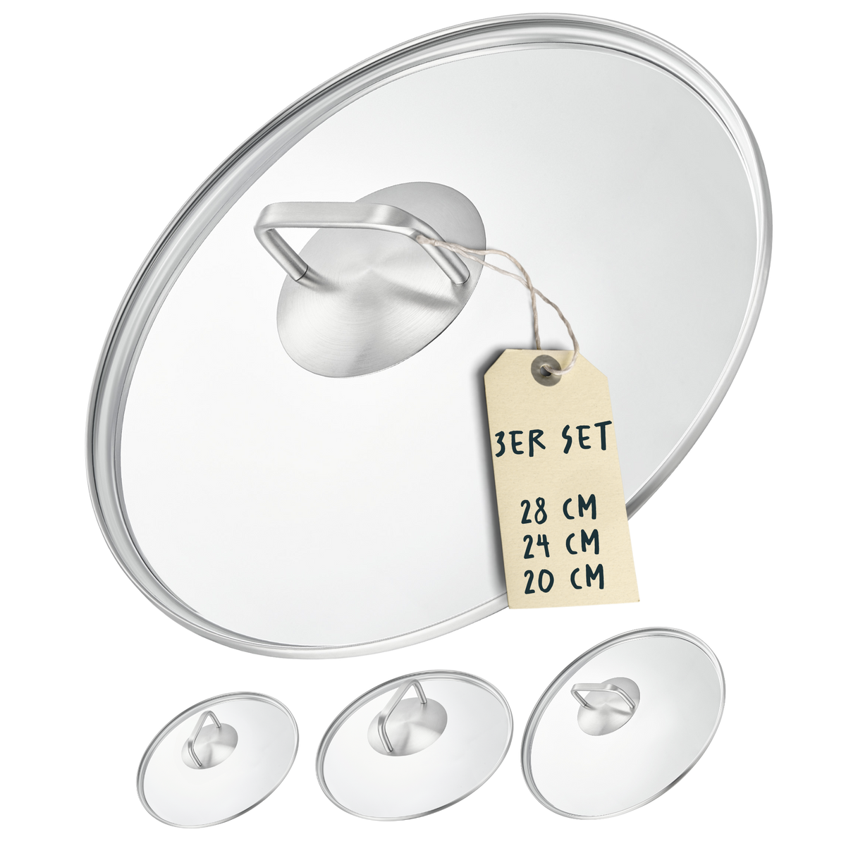 3x Glasdeckel Set (20, 24 & 28 cm)