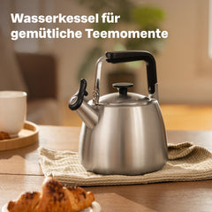 Wasserkessel 1,9 Liter silber auf dem Küchentisch beim Teetrinken