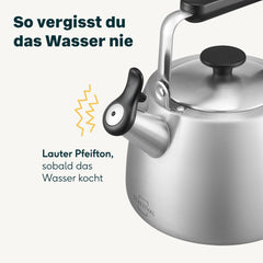 Pfeifender Wasserkessel silber, laute Pfeife sobald das Wasser kocht