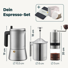 Espressokocher 6 Tassen mit Kaffeemühle & Milchaufschäumer