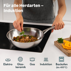 Wok 28 cm auf dem Herd, geeignet für Elektro, Glaskeramik, Gas, Induktion und Backofen bis 400 °C