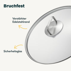 Glasdeckel 28 cm aus Sicherheitsglas mit verstärktem Edelstahlrand und Griff
