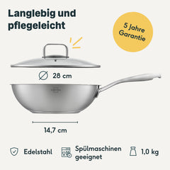 Maße Wok 28 cm mit Glasdeckel: Ø 28 cm, Boden Ø 14,7 cm, 1,0 kg