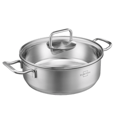 Servierpfanne 24 cm aus unbeschichtetem Edelstahl mit Glasdeckel und zwei Seitengriffen