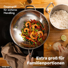 Wok 32 cm mit Garnelen-Nudelpfanne, extra groß für Familienportionen