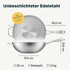 Maße Wok 32 cm: 56,5 cm breit mit Griffen, 13,8 cm hoch, Boden Ø 15,5 cm, 1,3 kg